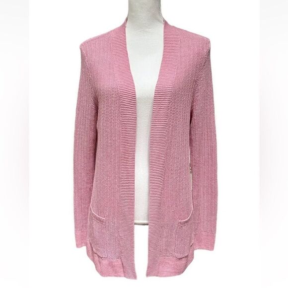 Talbots Cardigan Sweater 100% Linen pastel Pink drop shoulders Open Front Small - Picture 1 of 8